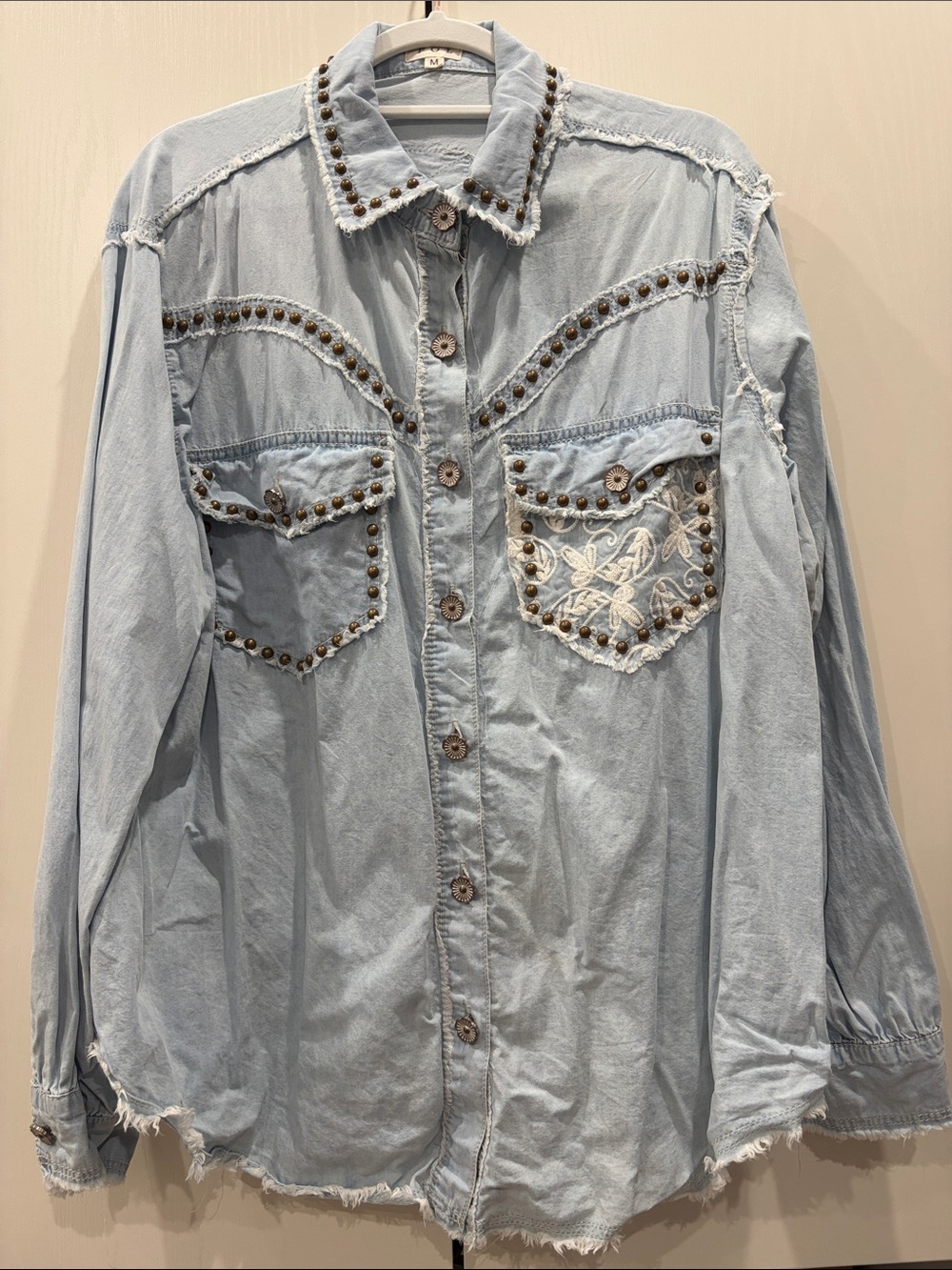 POL Light Blue Studded Denim Button-Down Shirt